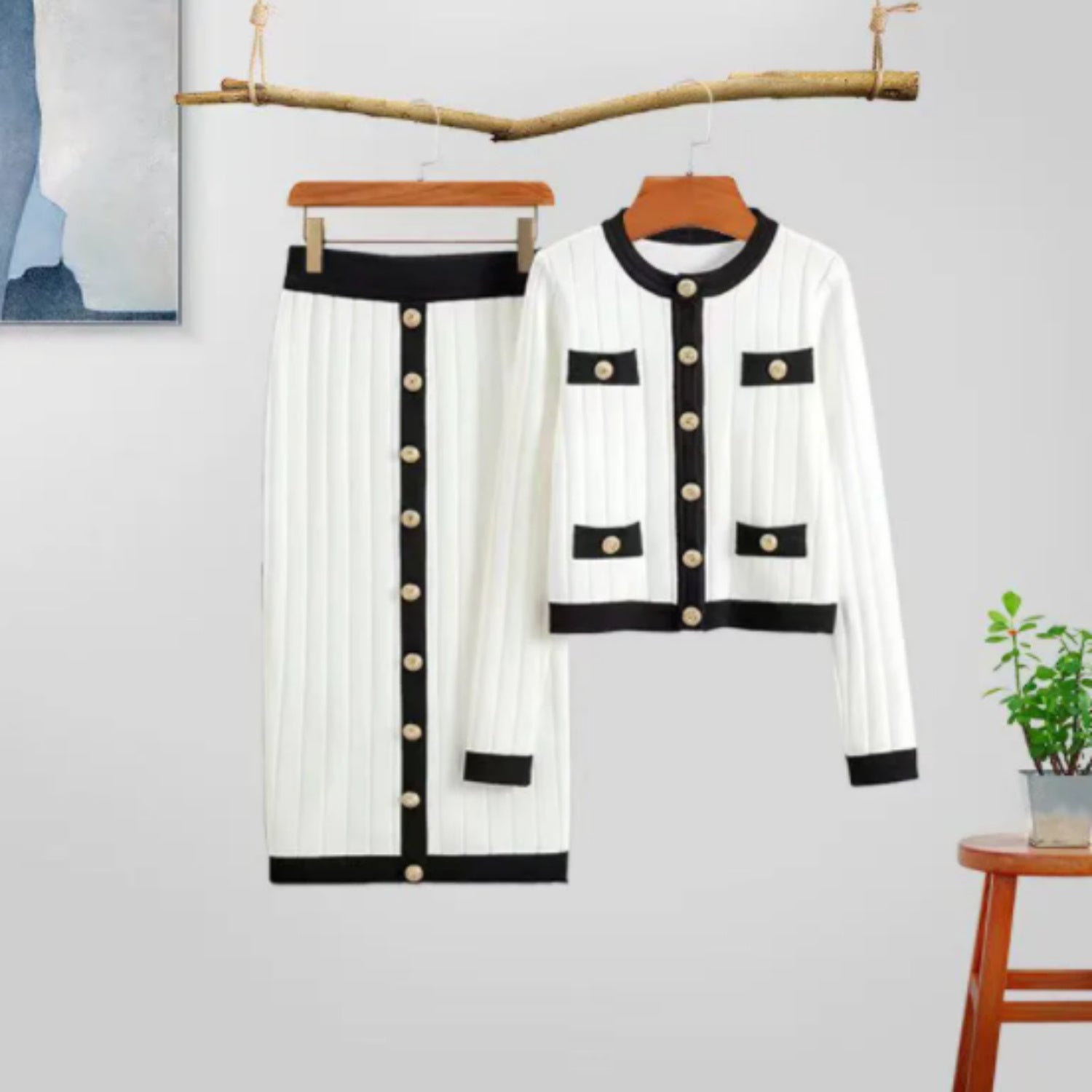 Knitted Two-Piece Cardigan Set with Skirt