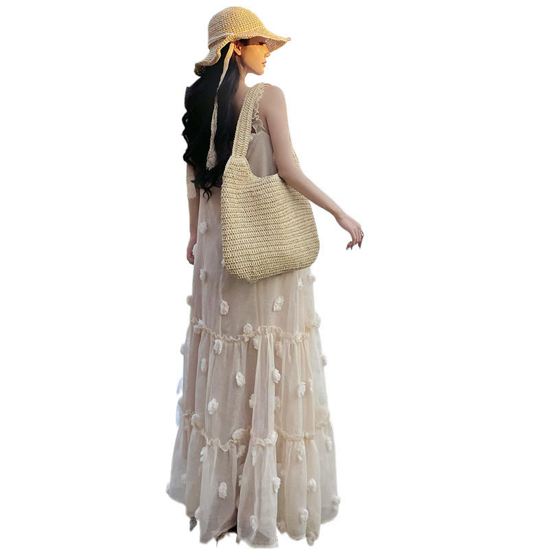 3D Flower Apricot Slim Suspender A-Line Skirt