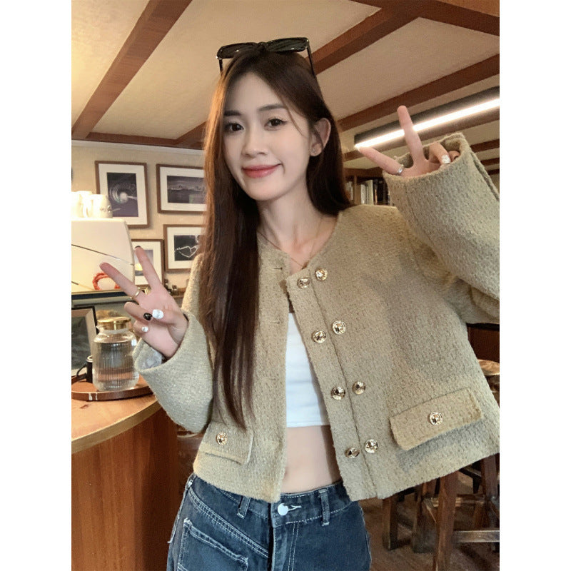 Apricot Round Neck Tweed Short Coat French Style