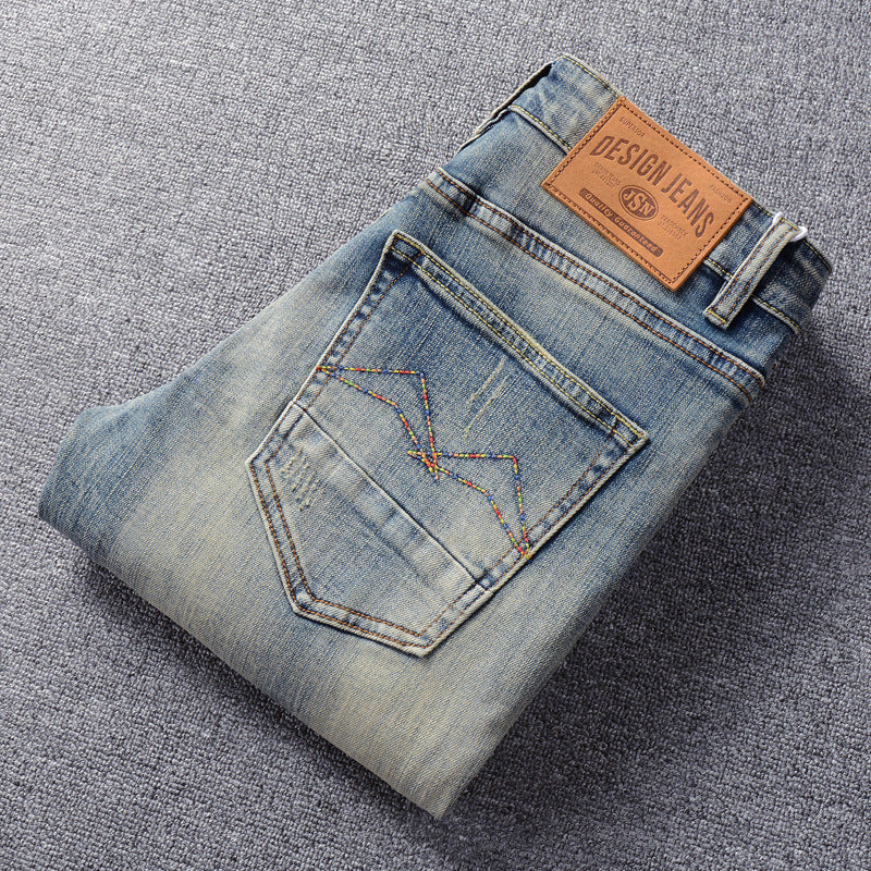 Jean Homme Rétro Vintage Délavé Légèrement Élastique