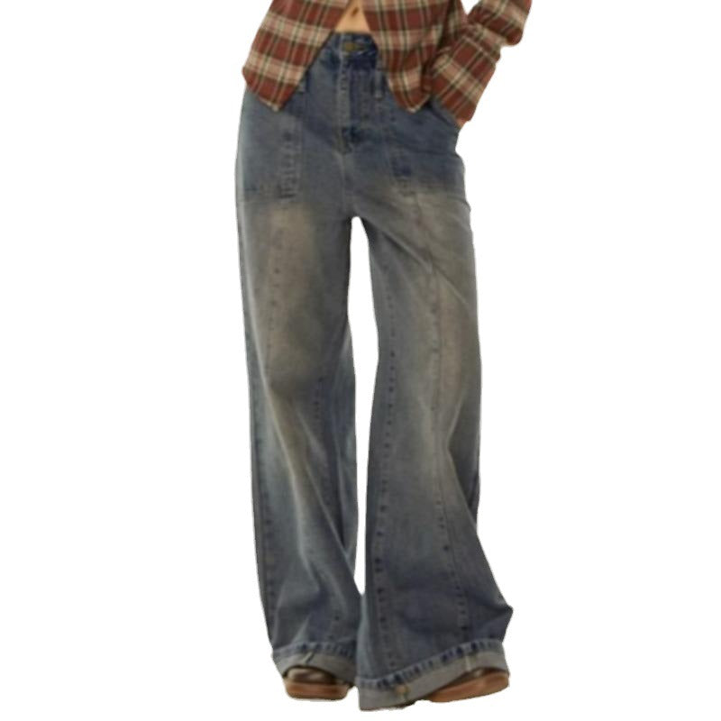 بنطلون جينز نسائي فضفاض واسع الساق بتصميم مستقيم، متدرج الألوان، بتصميم كلاسيكي.