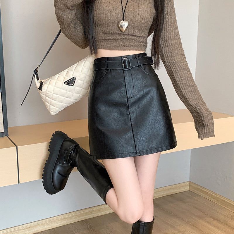 Jupe trapèze en similicuir style rétro américain avec ceinture - Jupe courte noire, marron, grise