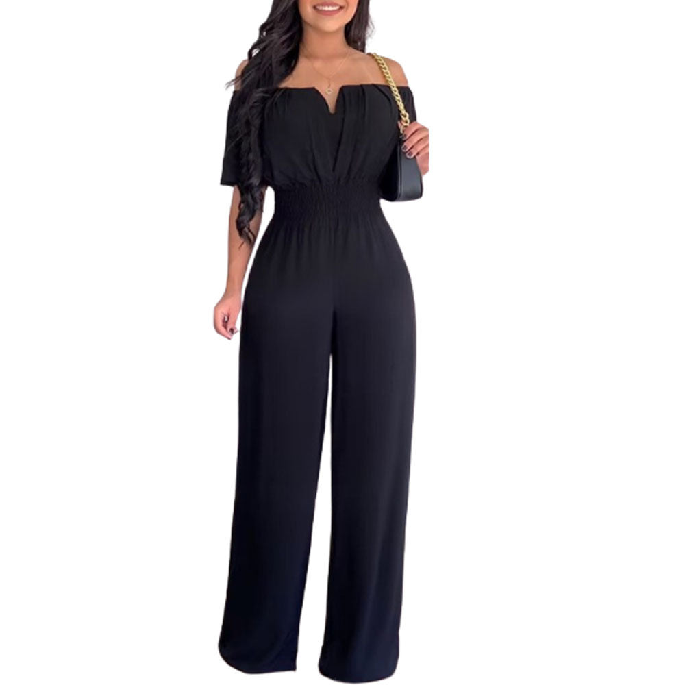 Women's Off-Neck Waist-Trimmed Loose Straight Jumpsuit