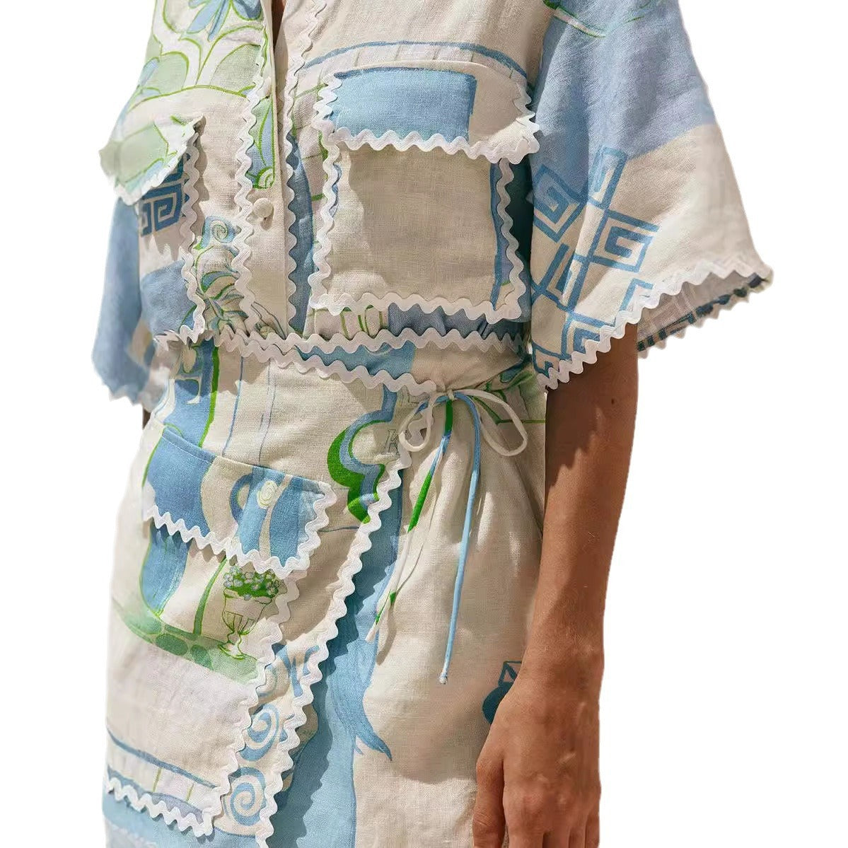 Elegant Geometric Lace Print Suit with Embossed Cotton Linen Fabric