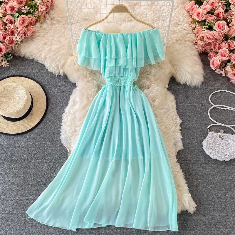 Robe trapèze en mousseline volantée à épaules dénudées, taille unique, plusieurs coloris
