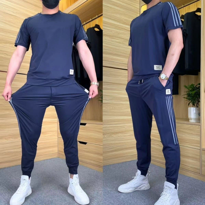 Men's Loose High-Elastic Ice Silk Leisure Suit in Blue, Black, Gray