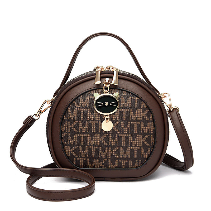 Crossbody Portable Printed Small Round Bag Soft Leather