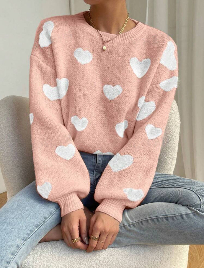 Love Contrast Color Round Neck Loose Casual Pullover Long Sleeve Sweater
