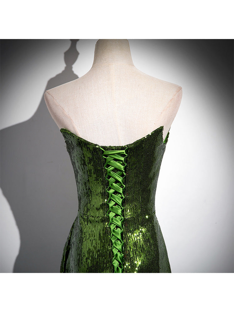 French Evening Women's Dark Green High Waist Slim Bridal Dress