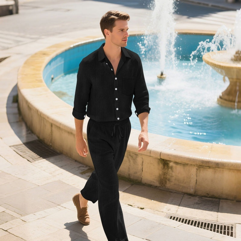 Men's Casual Linen Loose Breathable Long Sleeve Suit Set