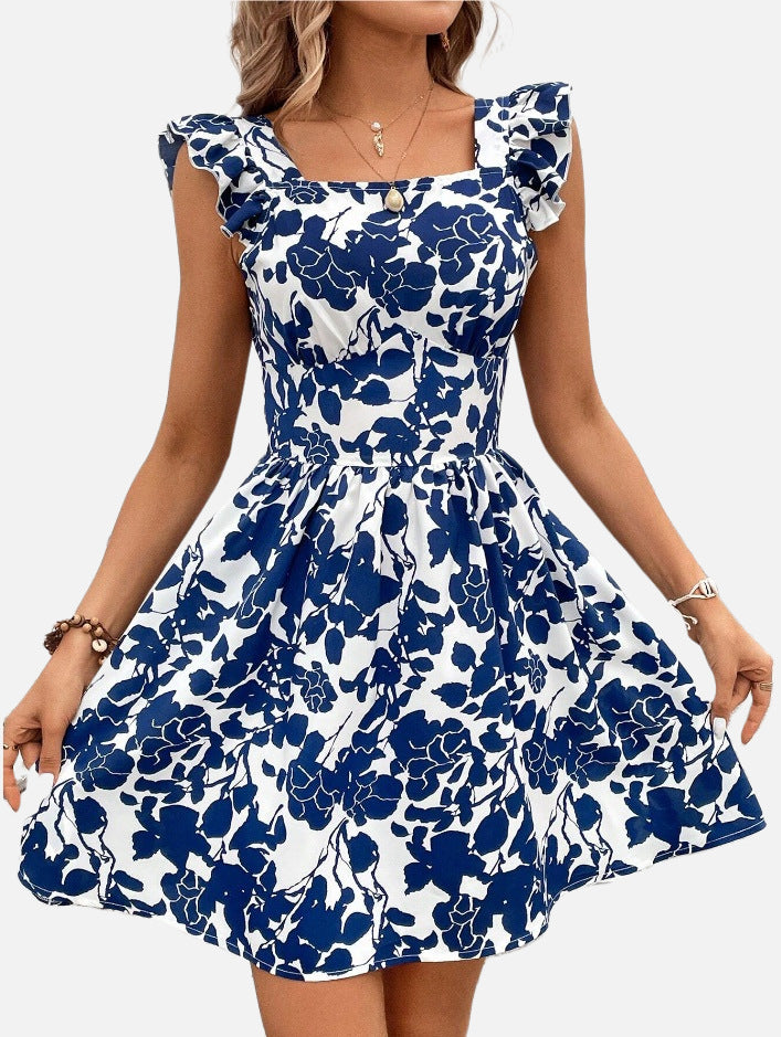 Printed Lace-Up Backless Frill Holiday Dress