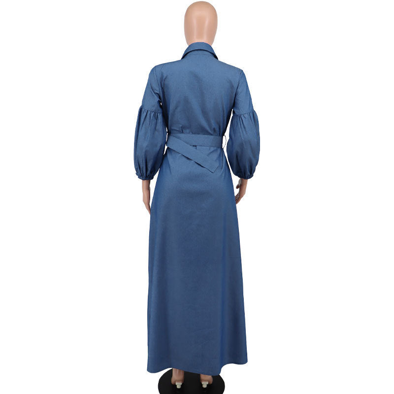 Women's Blue Denim Long Sleeve Shirt with Belt
