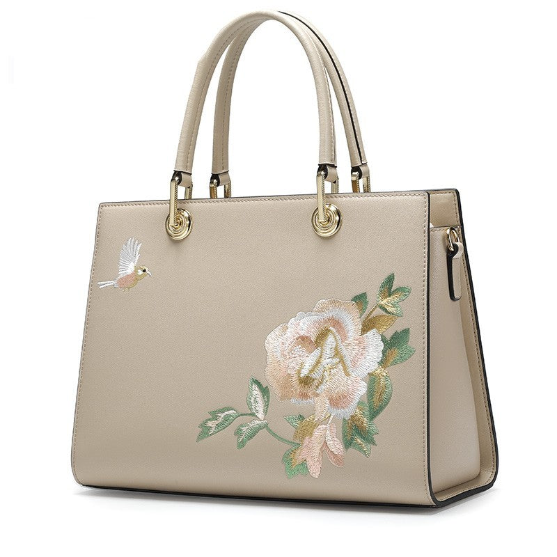 Sac portable brodé en cuir de vachette pour femmes
