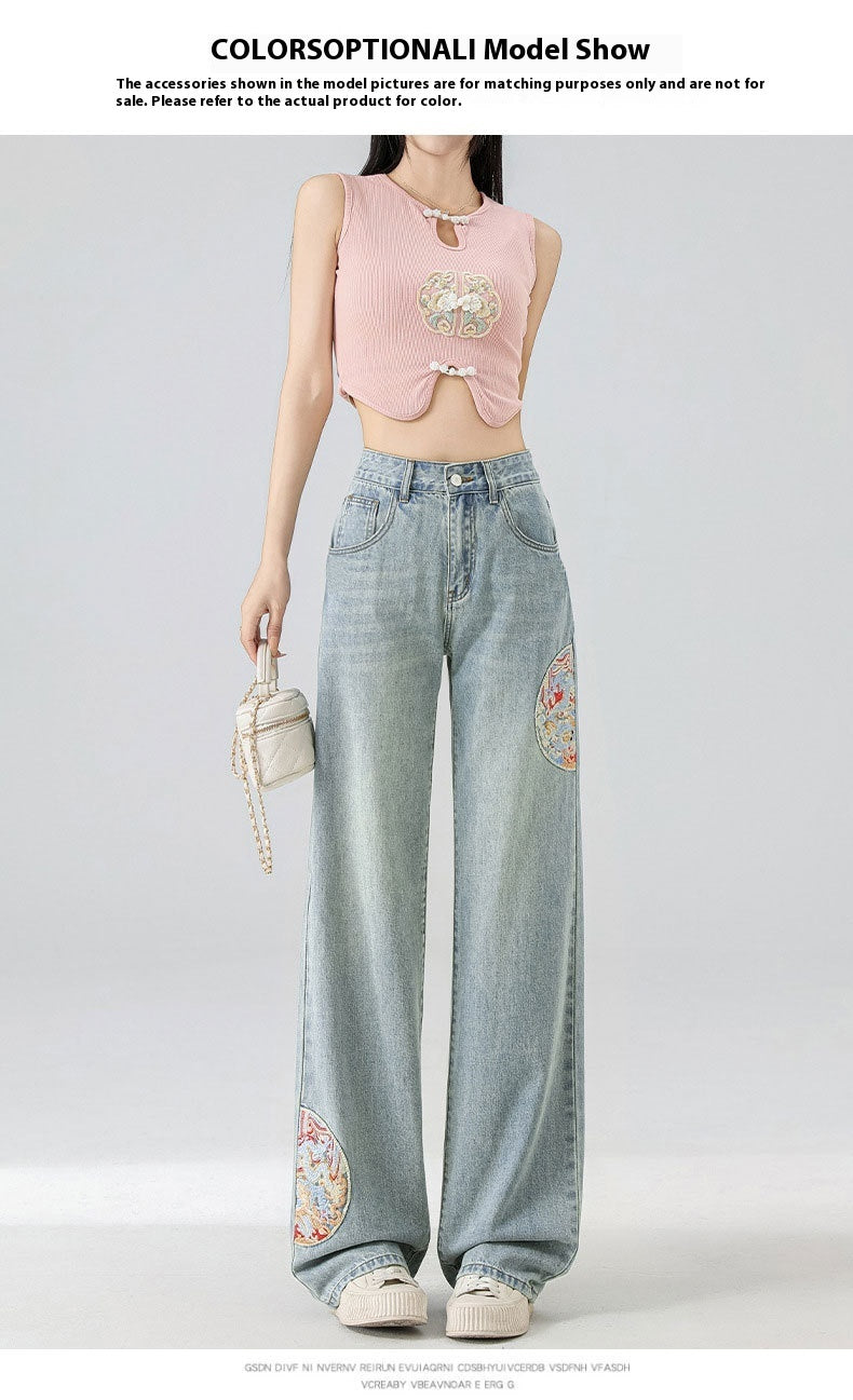 High Waist Light Blue Embroidered Wide Leg Cotton Denim Trousers