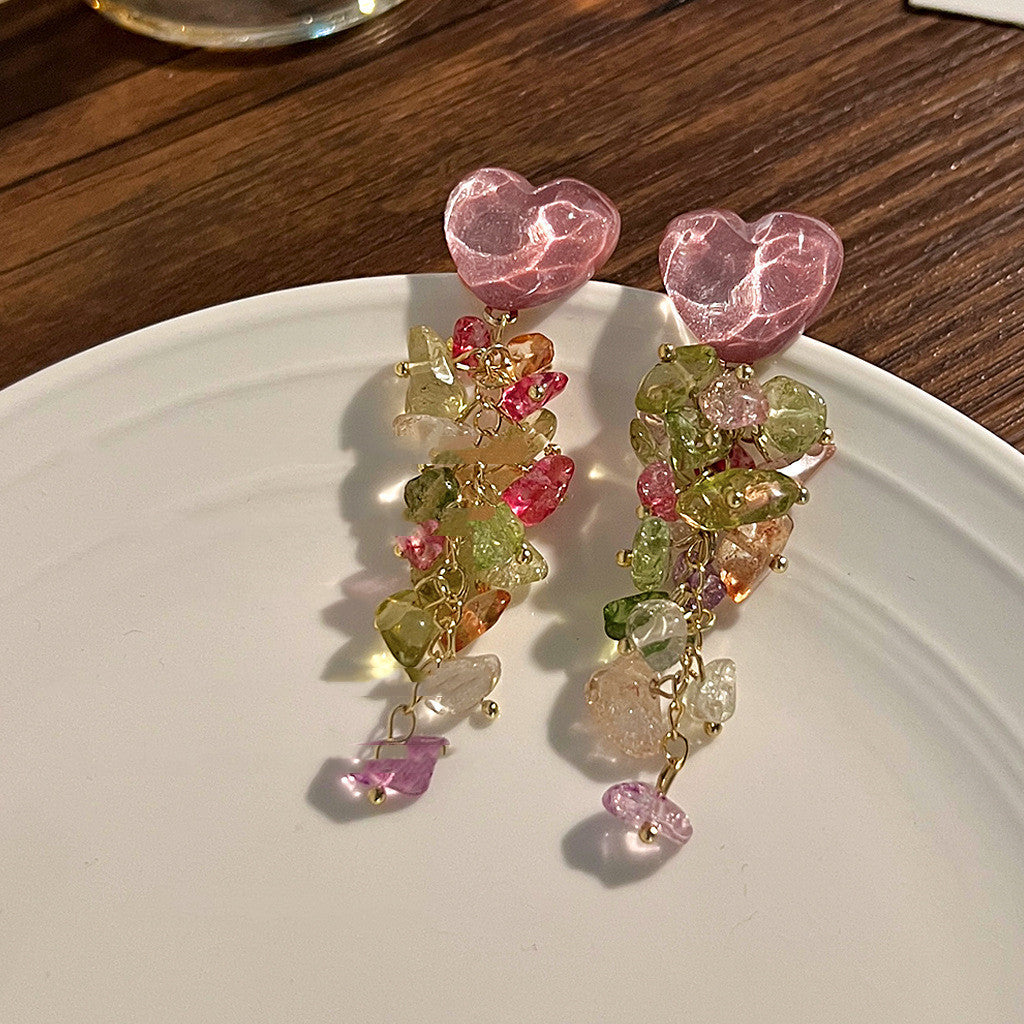 Handmade Copper Sweet Glass Crystal Silver Pin Long Tassel Earrings Mixed Color 6.7cm