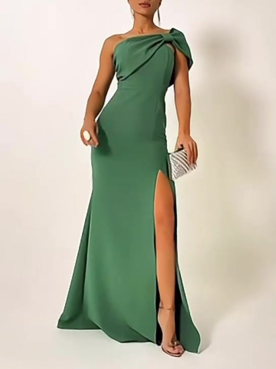 Green Bow Tube Top Maxi Evening Dress Polyester Slim Fit