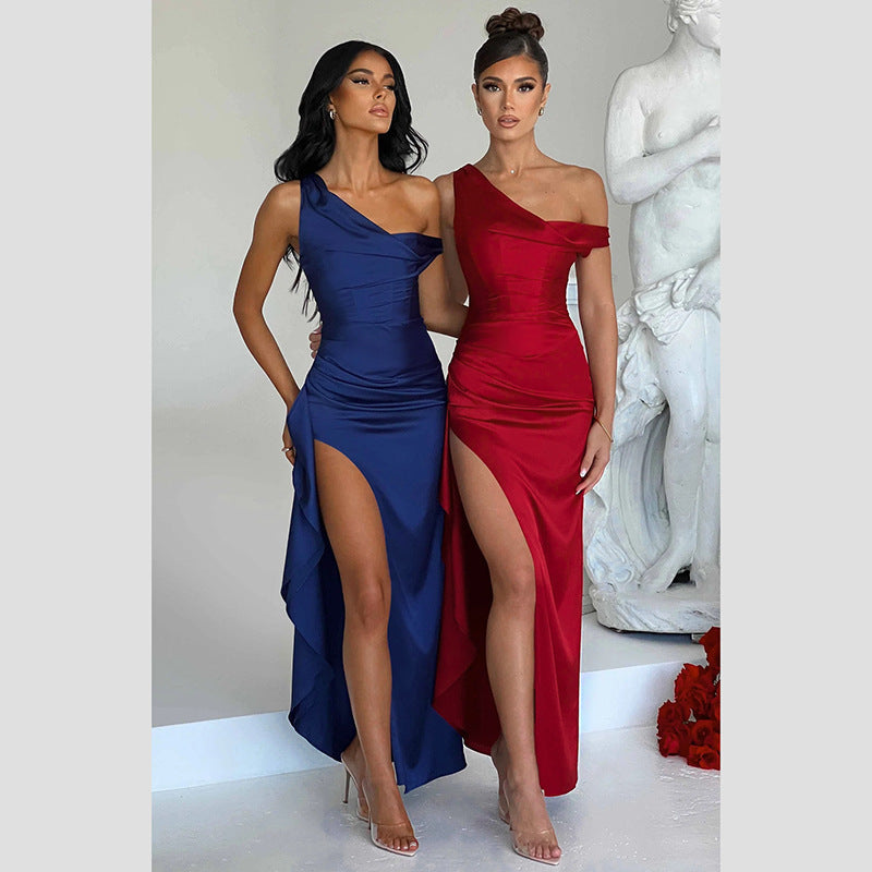 Women's Satin High Waist Slit Dress in Black, Red & Blue