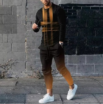 Men's Ethnic Style Printed Long Sleeve Trousers Suit Cotton Blend