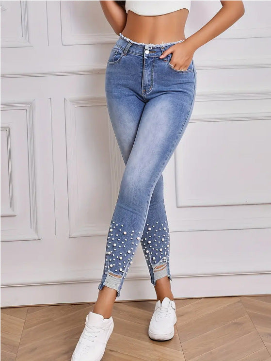 Women's High Waist Stretch Denim Skinny Jeans with Pearl Rips and Tassels