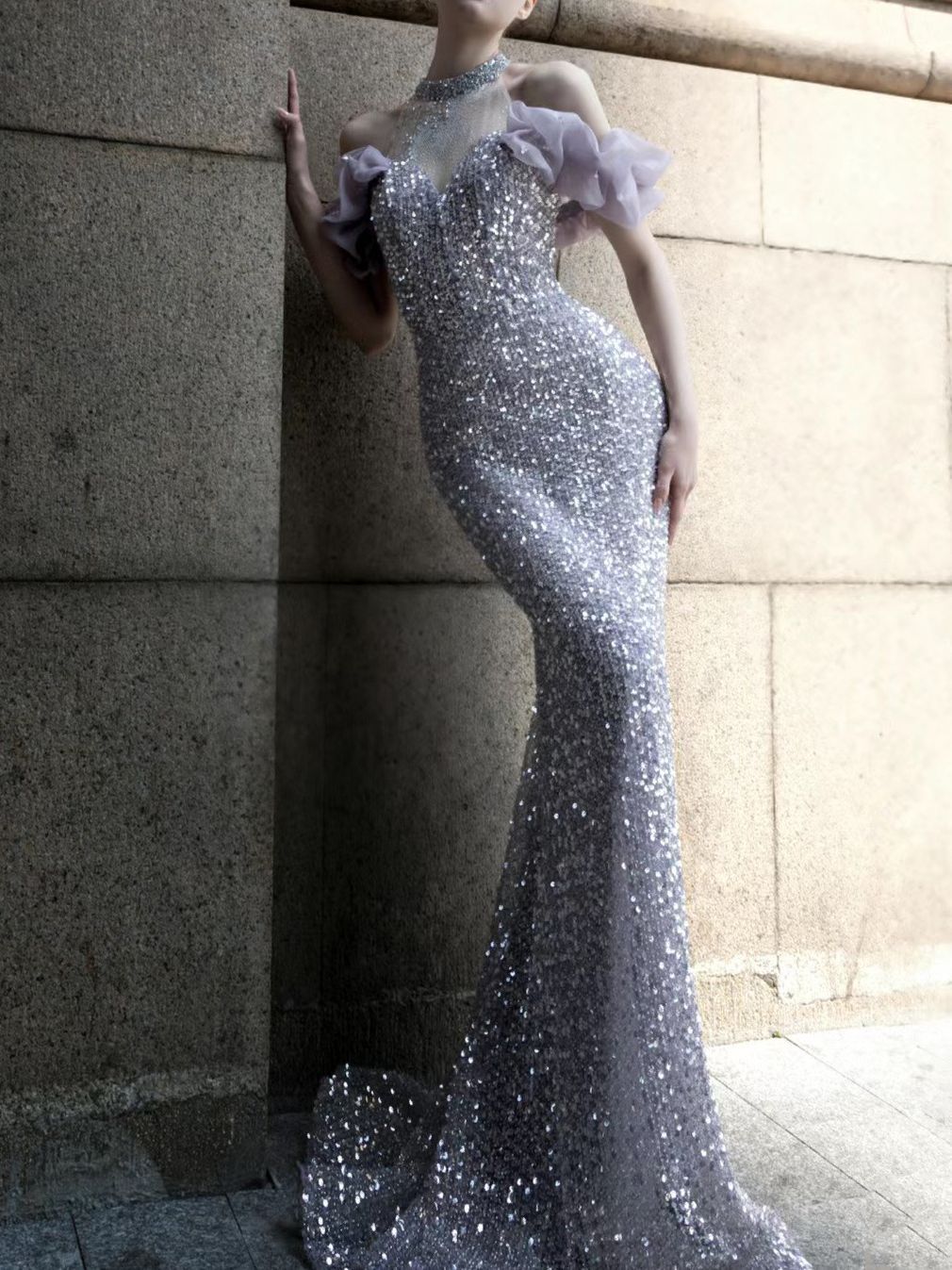 Purple Beaded Starry Sky Halter Fishtail Dress for Annual Meeting