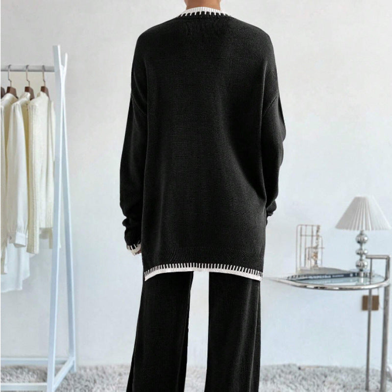 Women's Contrast Color Knitted Sweater Trousers Two-piece Set