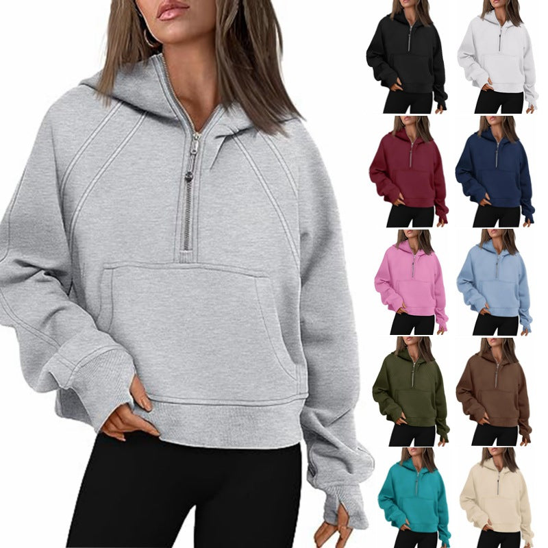 Sweat-shirt à capuche zippé avec poche Coupe ample Manches longues Pull pour femme