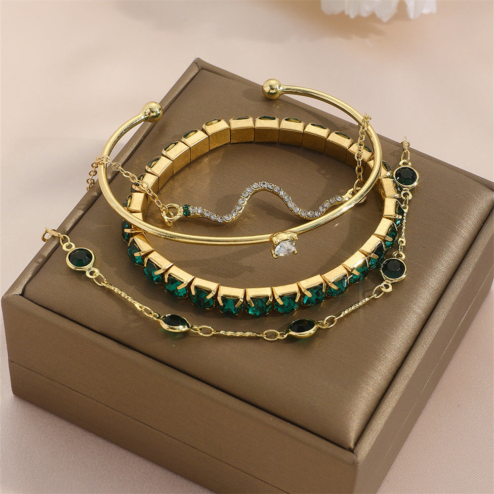 Ensemble de 4 bracelets extensibles vert style grand-mère avec diamants pour femme