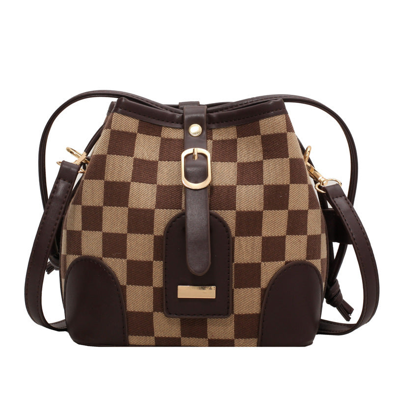 Checkered Drawstring Personality Bucket Bag Shoulder Bag Messenger Bag