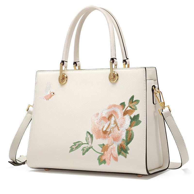 Sac portable brodé en cuir de vachette pour femmes