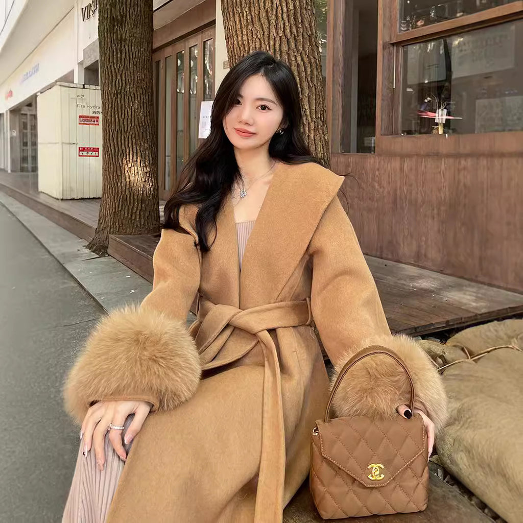 Double-Sided Mink Cashmere Long Coat with Large Lapel
