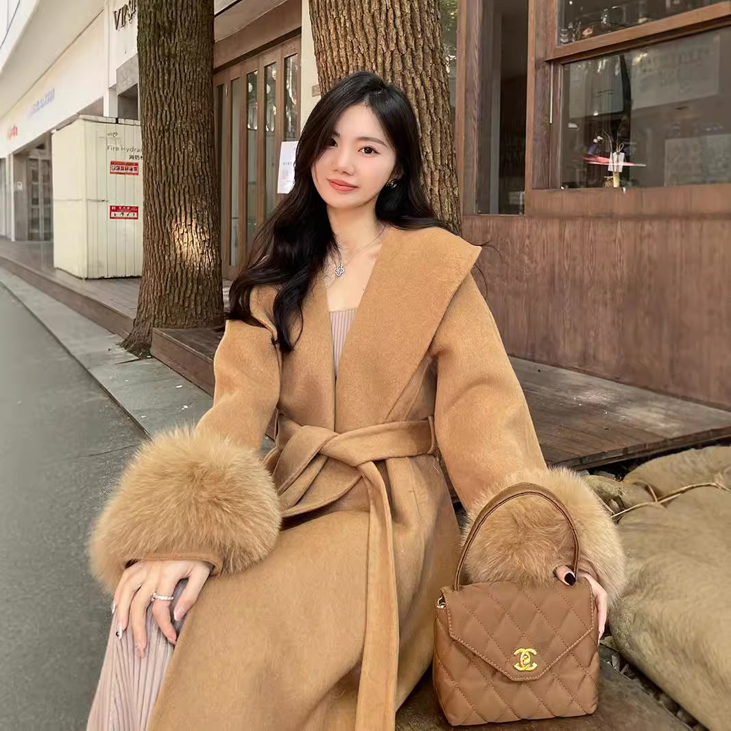 Double-Sided Mink Cashmere Long Coat with Large Lapel