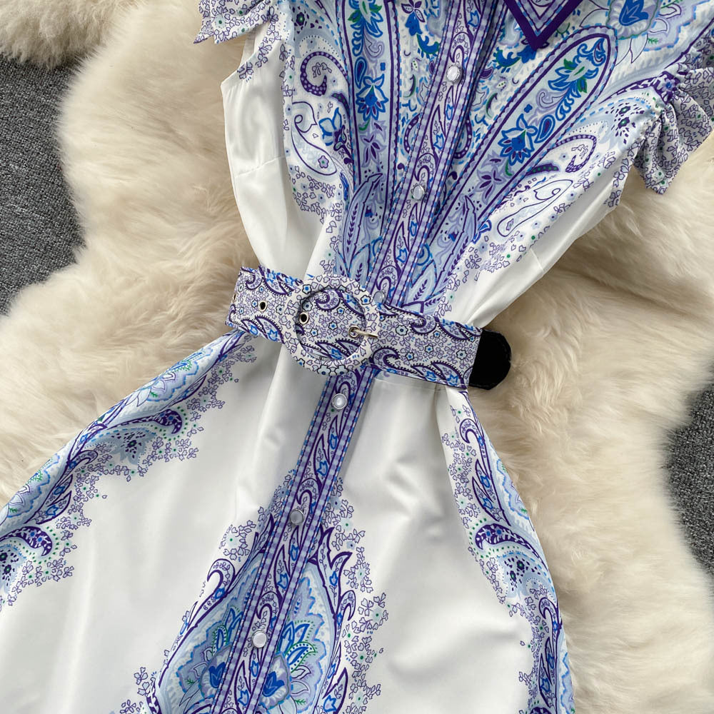 Robe Rétro Femme d'Été Col Polo Taille Haute à Lacets, Blanche et Bleue