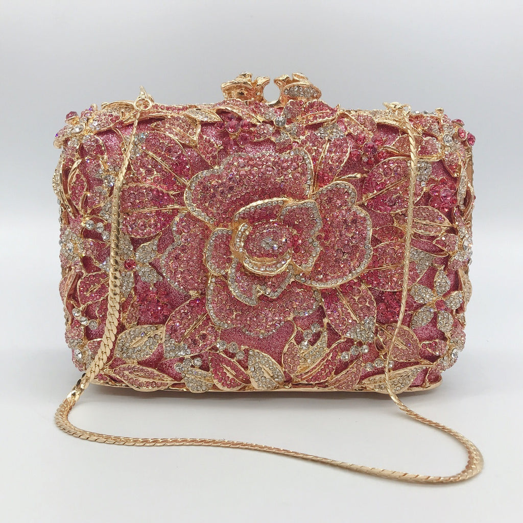 Metal Rose Diamond Chain Clutch Evening Bag 17x11x5cm