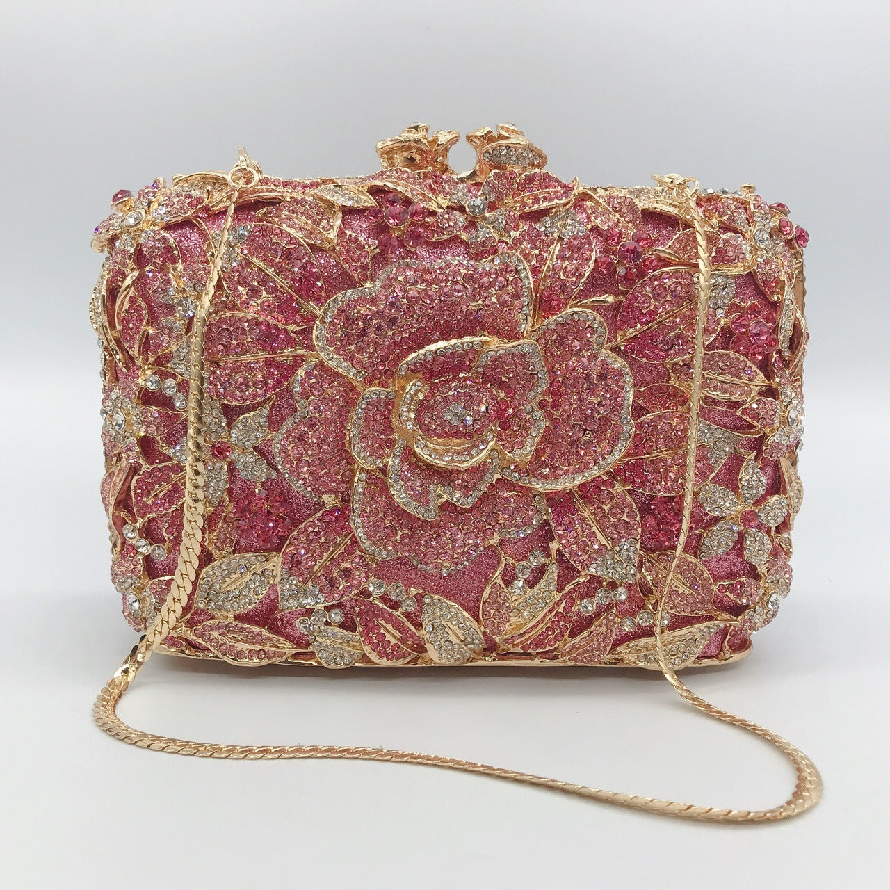 Metal Rose Diamond Chain Clutch Evening Bag 17x11x5cm