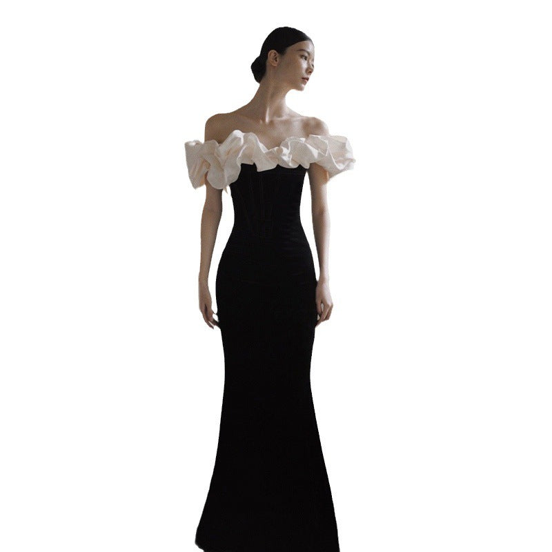 Robe de Soirée et de Mariée Sirène en Satin Français Épaules Dénudées