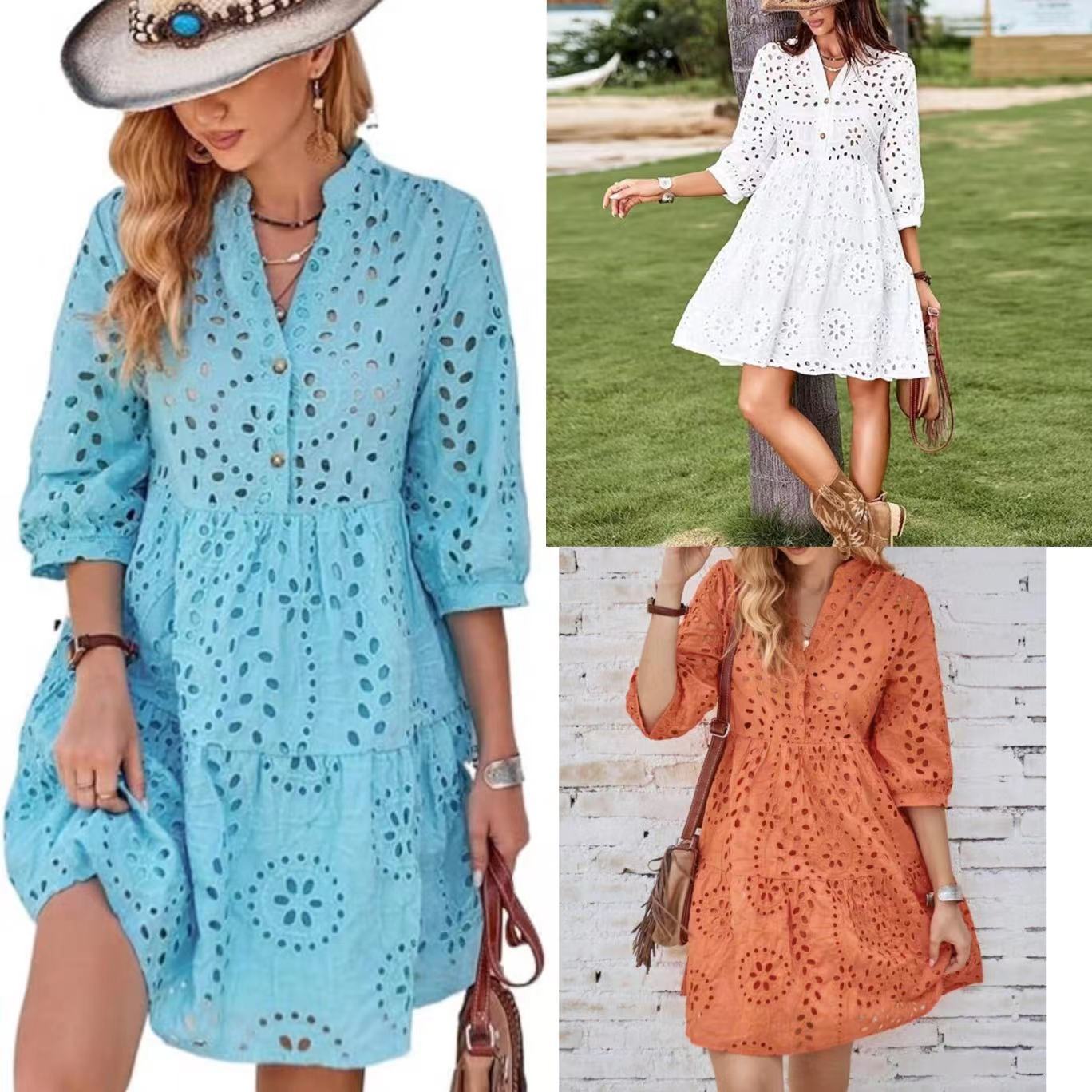 Women's Solid Color Button Dress in Lace Fabric