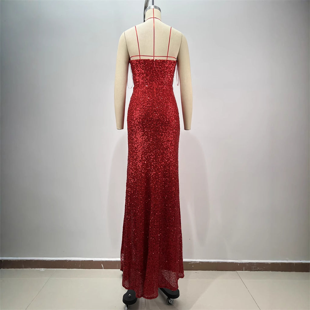 Red Drop-Shaped Diamond Low-Cut Sleeveless Paillette Dress