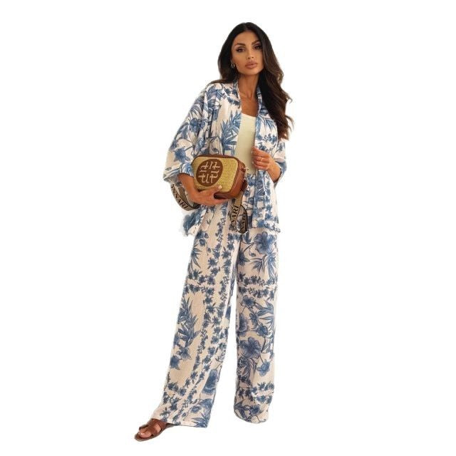 Women's Printed Chenille Long-Sleeve Top and Pants Set in Red & Blue