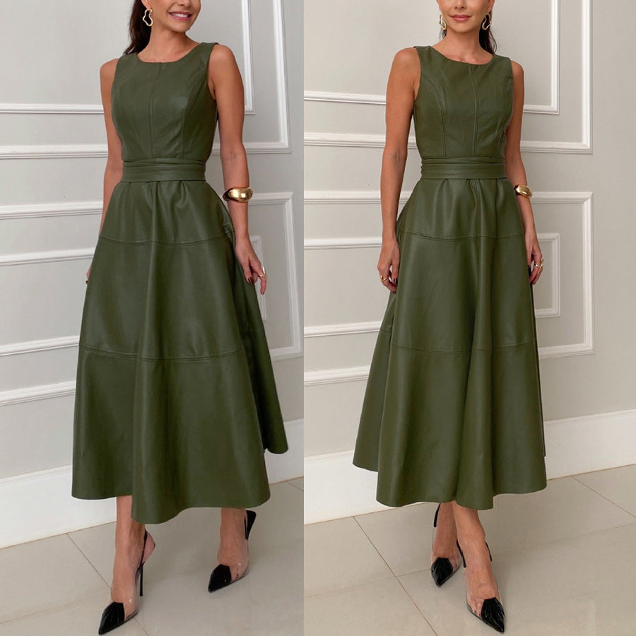 Salopette-jupe sans manches en similicuir vert olive avec fermeture éclair pour femme