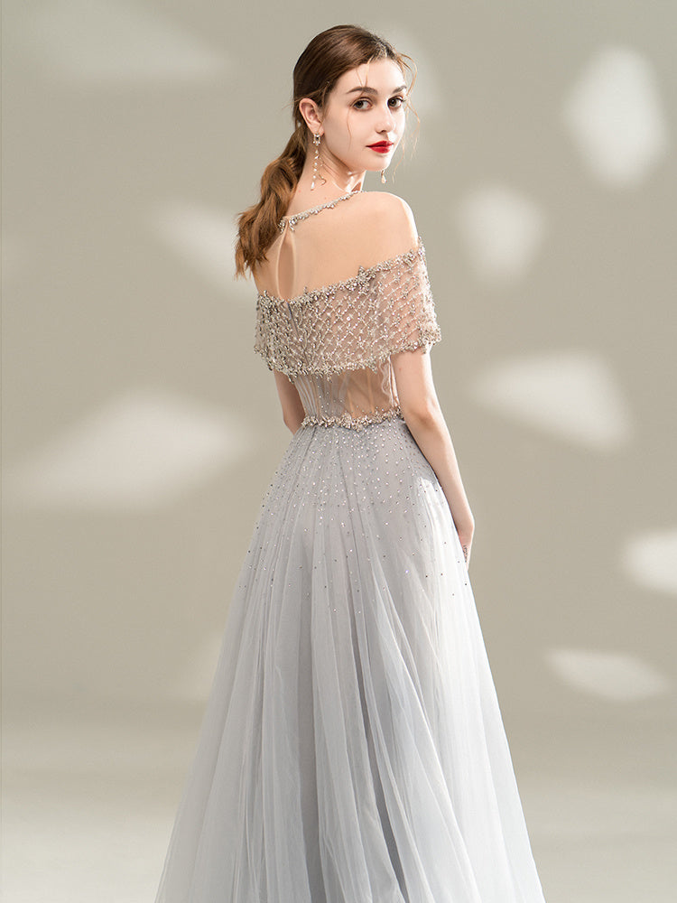 Robe de soirée longue grise pour femme, col U, jupe trapèze