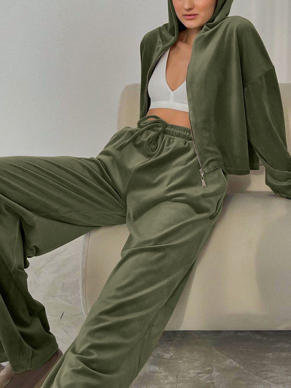 Green Velvet Hooded Sweater Set Polyester Fiber S-L