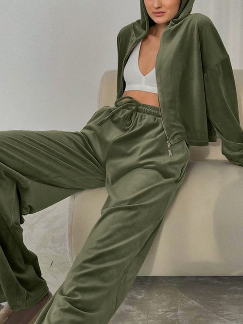 Ensemble pull à capuche en velours vert en fibre de polyester S-L