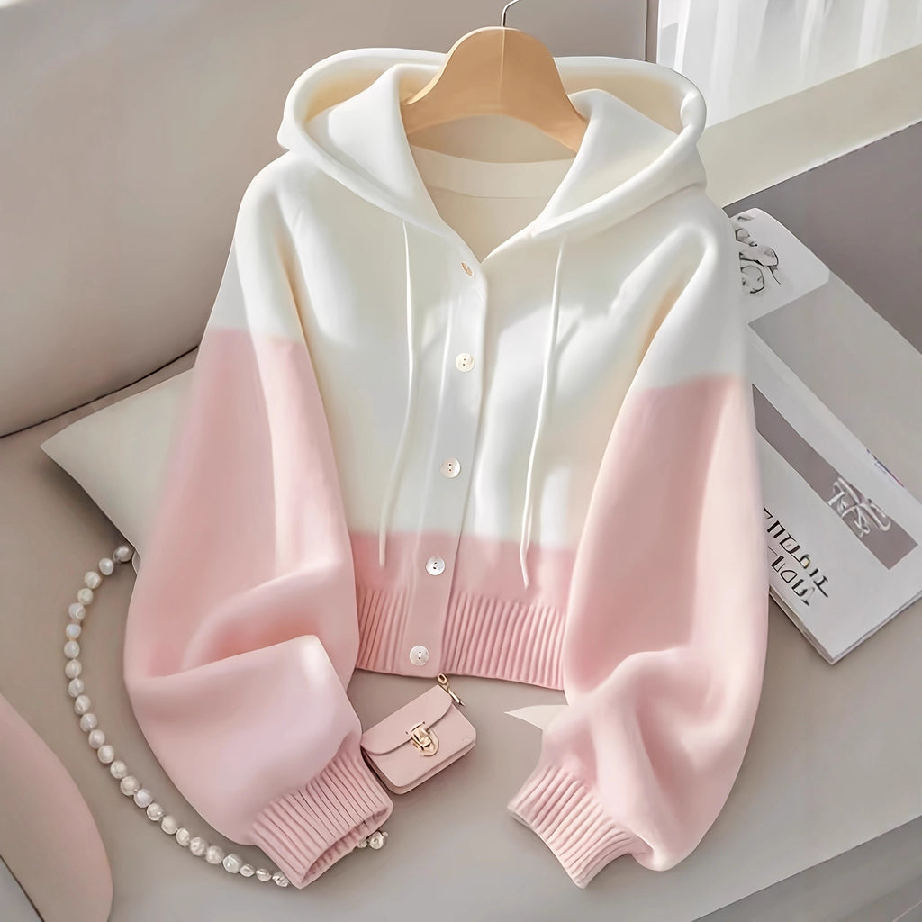 Patchwork Hooded Knitted Top High-Grade Lazy Cardigan