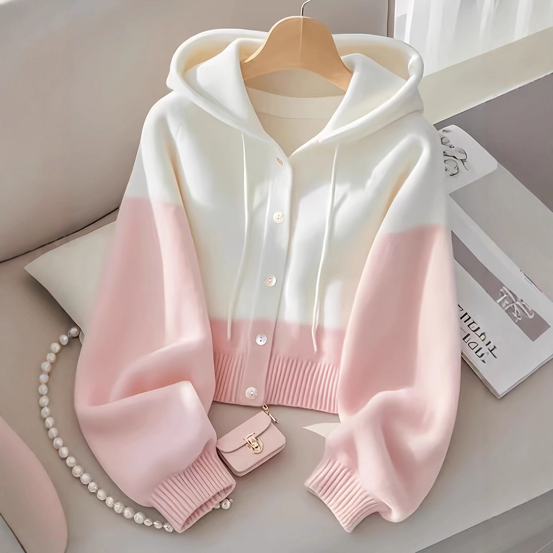 Patchwork Hooded Knitted Top High-Grade Lazy Cardigan