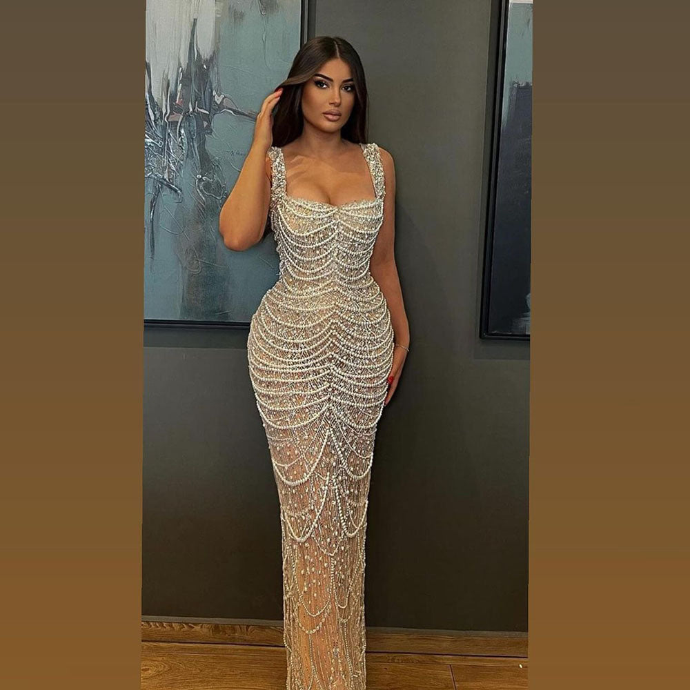 Nude Elegant High-End Pearl Beaded Sling Dress