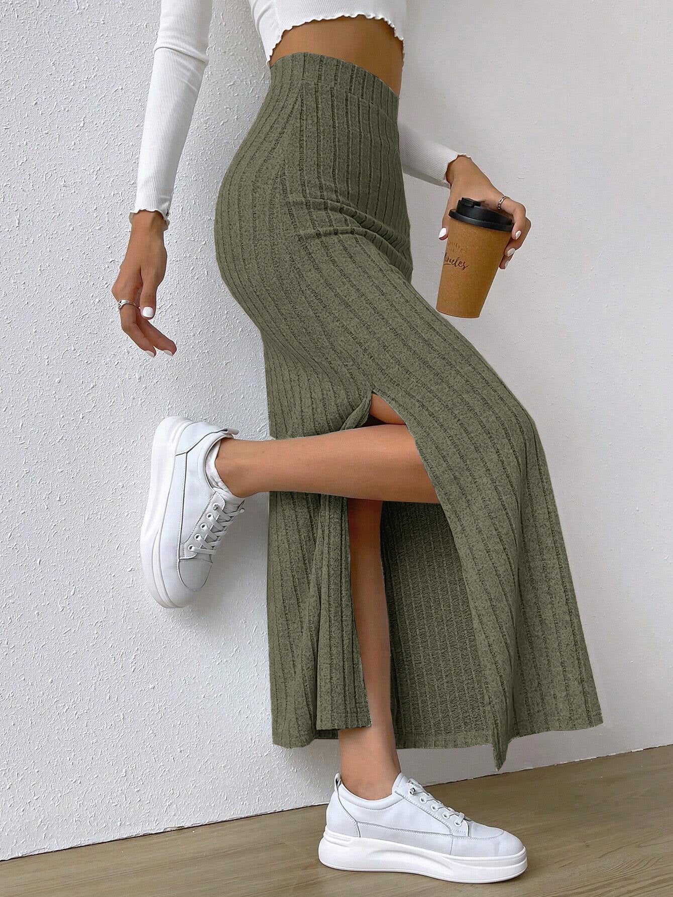Robe longue printanière en maille, taille haute, fente latérale, coupe ajustée