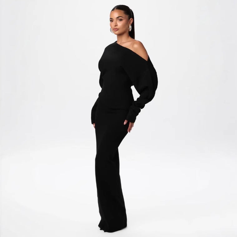 Robe de soirée moulante en maille tricotée à manches longues et col bardot
