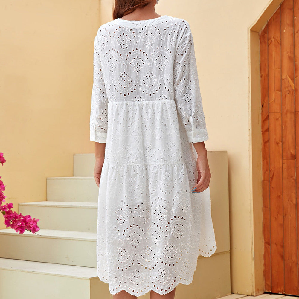 Summer White 3/4 Sleeve Lotus Leaf Print Dress