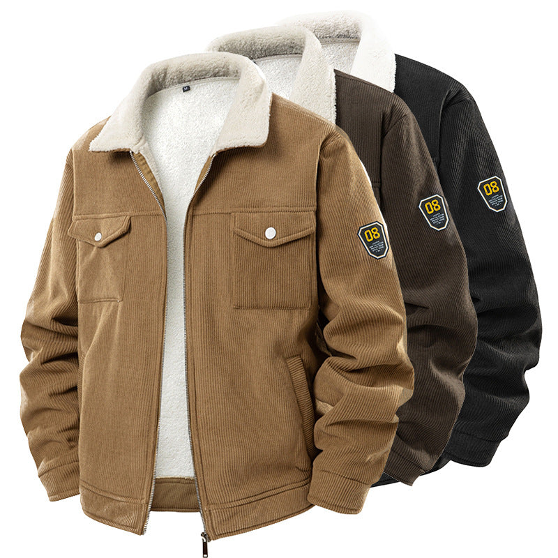 Manteau homme en velours côtelé épais doublé polaire avec revers en agneau, noir, café, kaki
