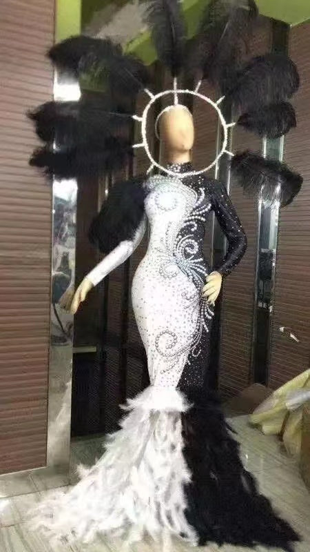 Robe Noire et Blanche en Plumes Entièrement Ornée de Diamants à Manches Longues